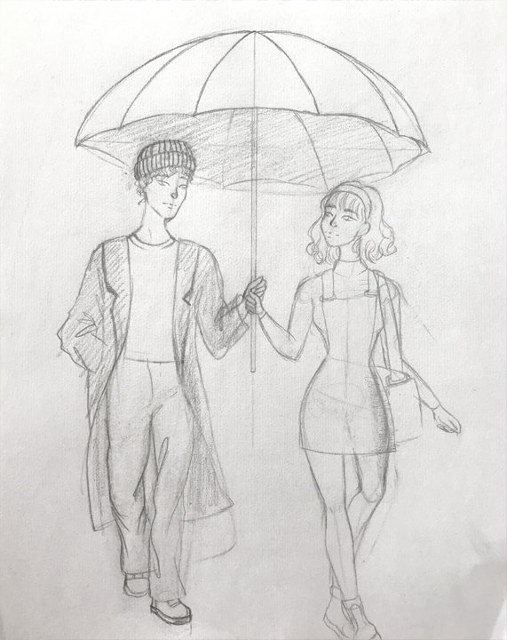 die beiden halten beim spazieren gehen einen Regenschirm bereinander